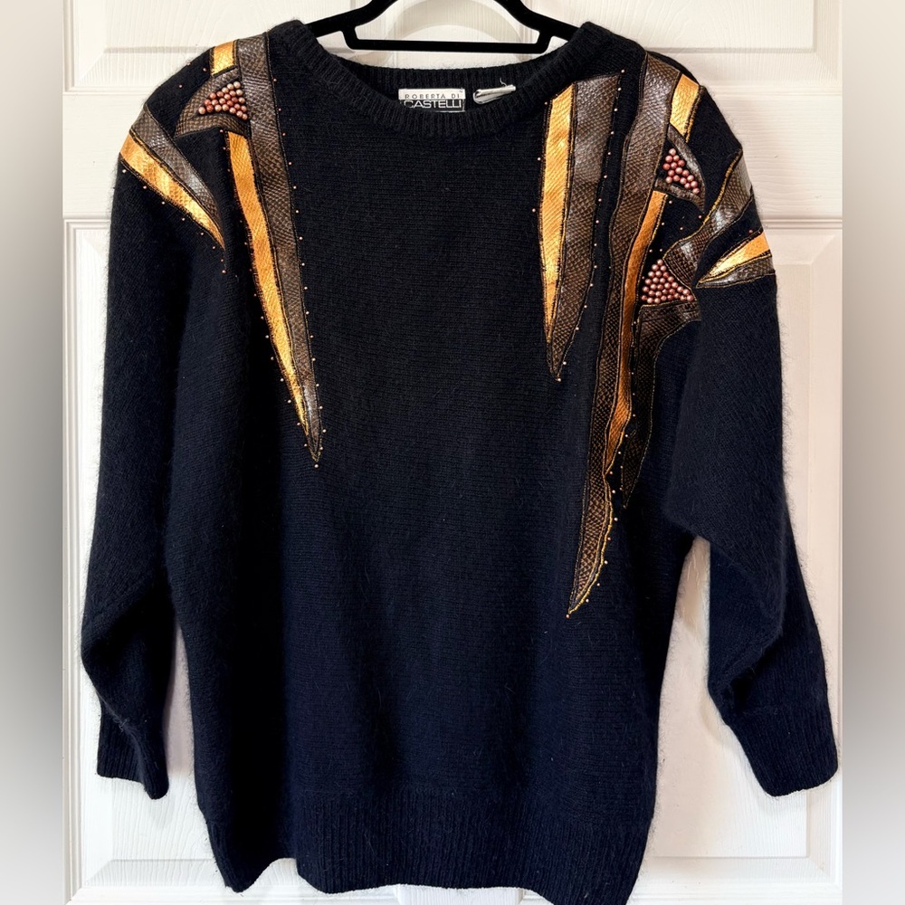 Vintage 90s Silk/Angora Blend Animal Print Trim Sweater 2X